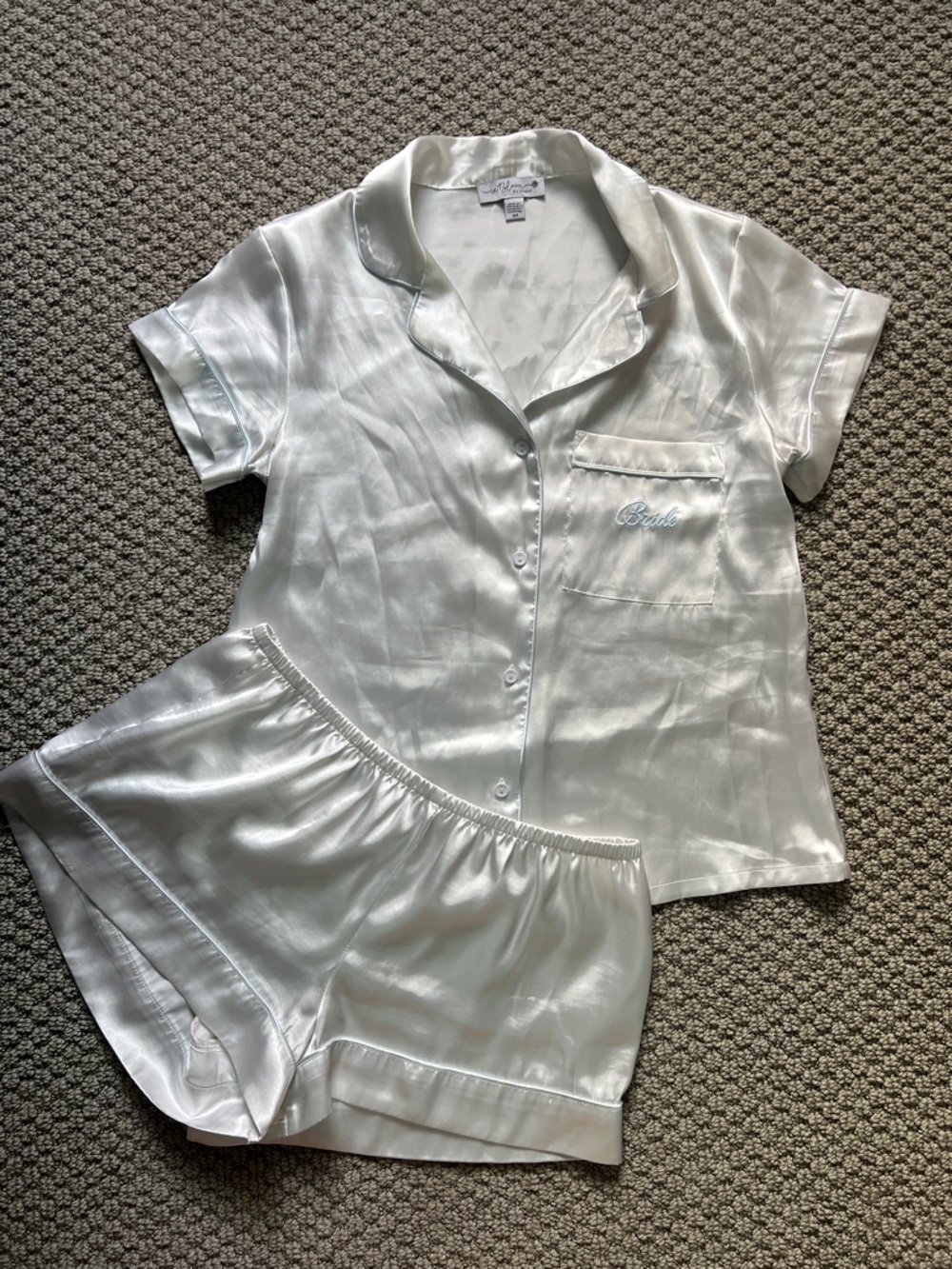 Silky White Satin Pajama Set - Bride Embroidered Pocket Top & matching Shorts